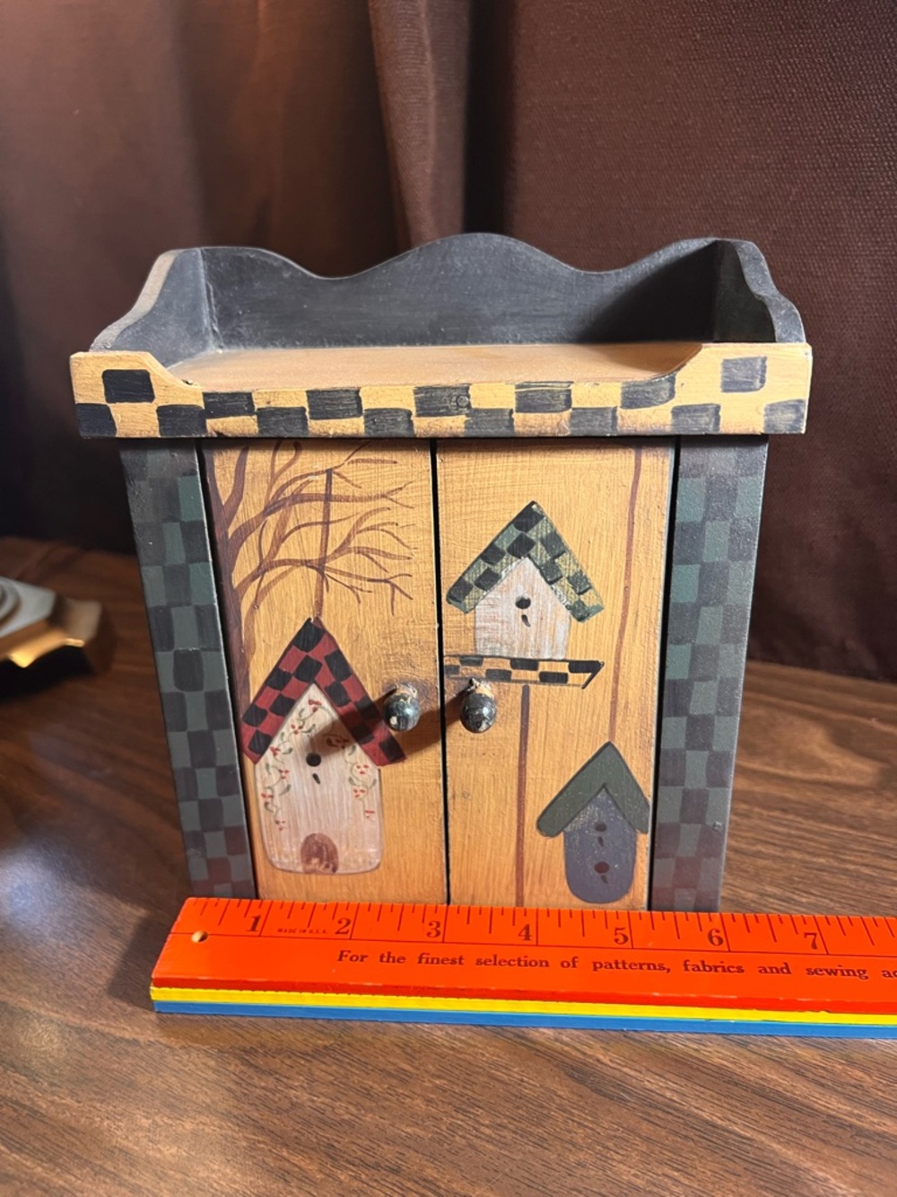Hand-Painted Birdhouse Accent Cabinet Hutch in Yellow and Black Check